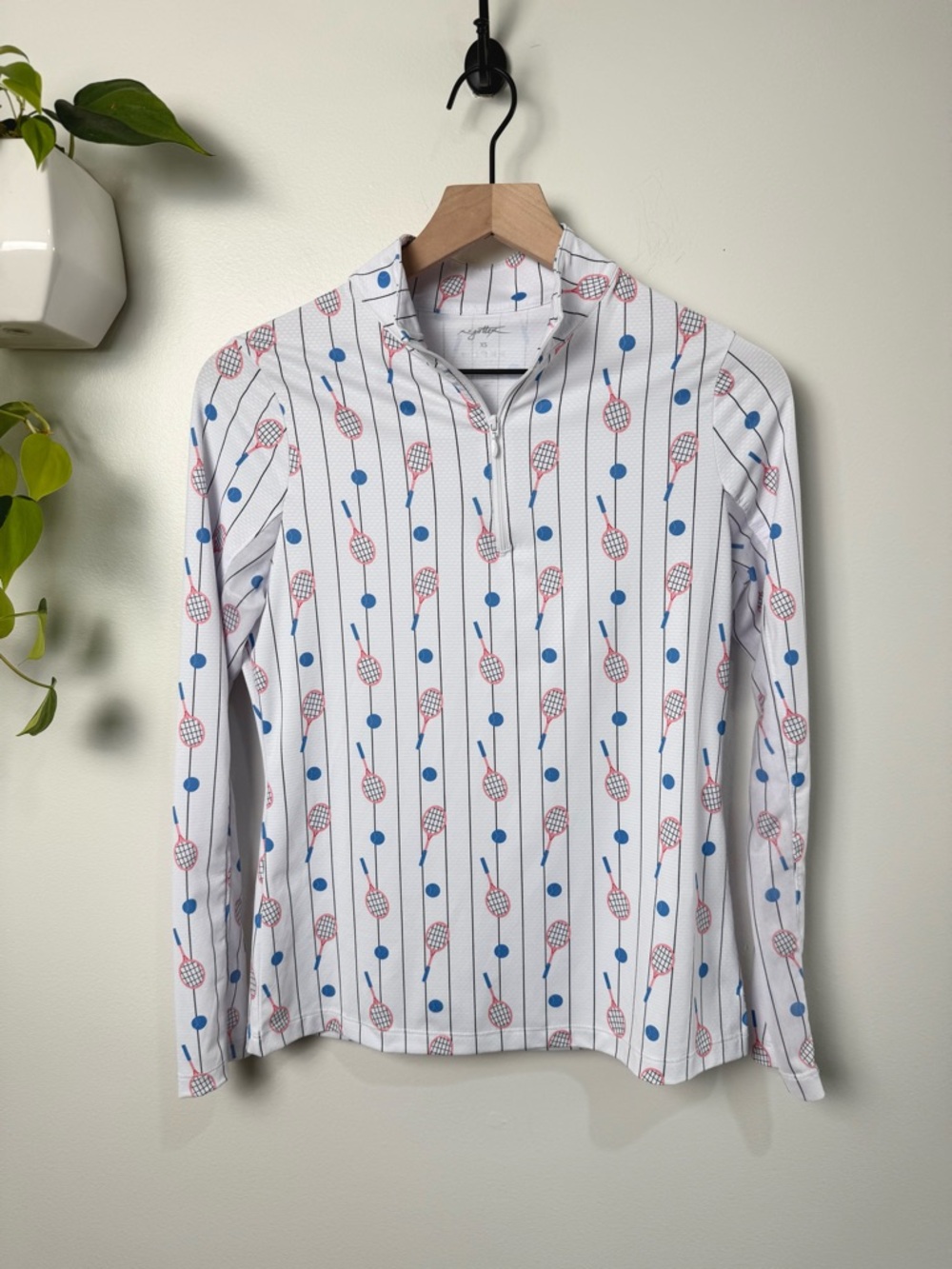 X by Gottex Women's Active Shirt Long-Sleeve Tennis Print Lightweight XS White